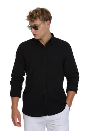 Siyah Comfort Fit Çizgili Düğmeli Yaka 100% Pamuk Uzun Kollu Casual Gömlek | M