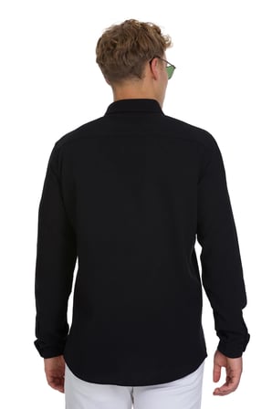 Siyah Comfort Fit Çizgili Düğmeli Yaka 100% Pamuk Uzun Kollu Casual Gömlek | M