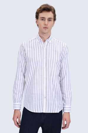 Siyah Comfort Fit Çizgili Düğmeli Yaka 100% Pamuk Uzun Kollu Casual Gömlek | S
