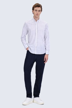 Siyah Comfort Fit Çizgili Düğmeli Yaka 100% Pamuk Uzun Kollu Casual Gömlek | S