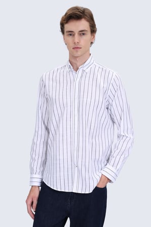 Siyah Comfort Fit Çizgili Düğmeli Yaka 100% Pamuk Uzun Kollu Casual Gömlek | S