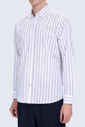 Siyah Comfort Fit Çizgili Düğmeli Yaka 100% Pamuk Uzun Kollu Casual Gömlek | S