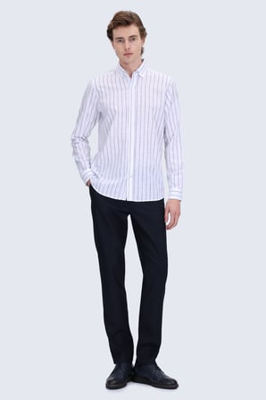 Lacivert Comfort Fit Çizgili Düğmeli Yaka 100% Pamuk Uzun Kollu Casual Gömlek | M