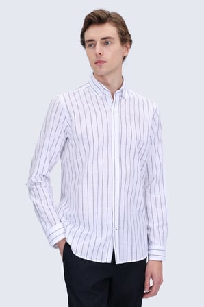 Lacivert Comfort Fit Çizgili Düğmeli Yaka 100% Pamuk Uzun Kollu Casual Gömlek | M
