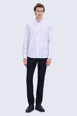 Lacivert Comfort Fit Çizgili Düğmeli Yaka 100% Pamuk Uzun Kollu Casual Gömlek | M