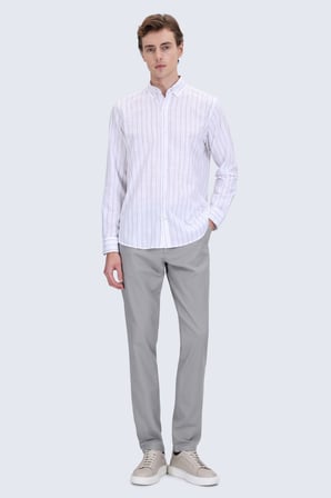 Vizon Comfort Fit Çizgili Düğmeli Yaka 100% Pamuk Uzun Kollu Casual Gömlek | M