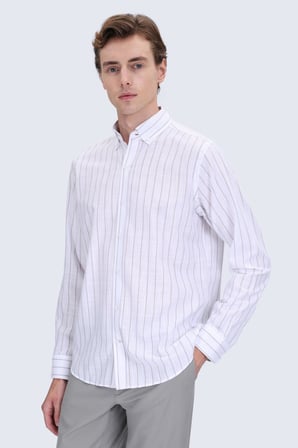 Vizon Comfort Fit Çizgili Düğmeli Yaka 100% Pamuk Uzun Kollu Casual Gömlek | M