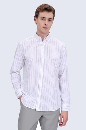 Vizon Comfort Fit Çizgili Düğmeli Yaka 100% Pamuk Uzun Kollu Casual Gömlek | M