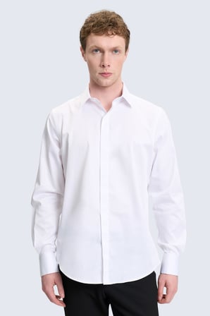 Beyaz Comfort Fit Slim Yaka 100% Pamuk Uzun Kollu Damatlık Gömlek | S