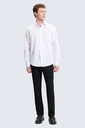 Beyaz Comfort Fit Slim Yaka 100% Pamuk Uzun Kollu Damatlık Gömlek | S
