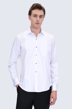 Beyaz Comfort Fit Slim Yaka %100 Pamuk Uzun Kollu Damatlık Gömlek | L