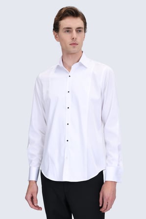 Beyaz Comfort Fit Slim Yaka %100 Pamuk Uzun Kollu Damatlık Gömlek | L