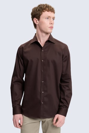 Kahverengi Slim Fit İğneli Yaka 100% Pamuk Uzun Kollu Spor Gömlek | M