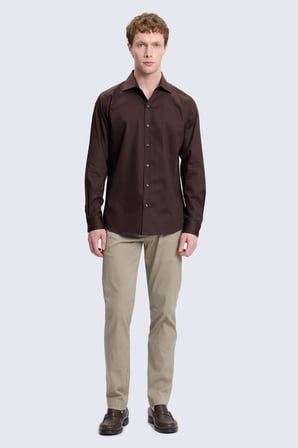 Kahverengi Slim Fit İğneli Yaka 100% Pamuk Uzun Kollu Spor Gömlek | M