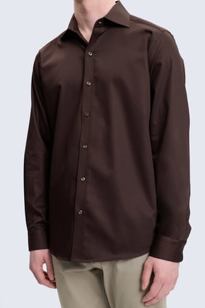Kahverengi Slim Fit İğneli Yaka 100% Pamuk Uzun Kollu Spor Gömlek | M