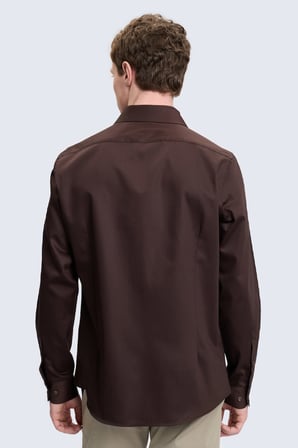 Kahverengi Slim Fit İğneli Yaka 100% Pamuk Uzun Kollu Spor Gömlek | M