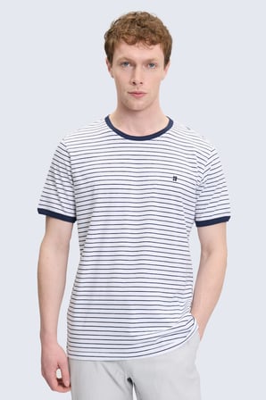 Beyaz Regular Fit Çizgili 100% Pamuk Bisiklet Yaka Tişört | L