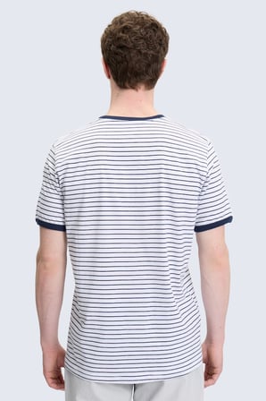 Beyaz Regular Fit Çizgili 100% Pamuk Bisiklet Yaka Tişört | L