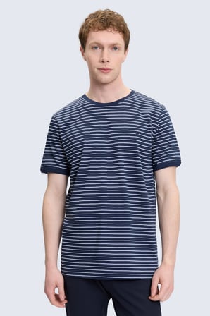 Lacivert Regular Fit Çizgili 100% Pamuk Bisiklet Yaka Tişört | M