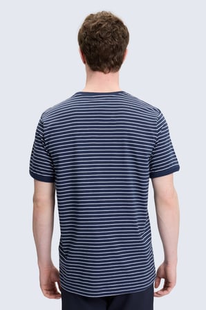 Lacivert Regular Fit Çizgili 100% Pamuk Bisiklet Yaka Tişört | M