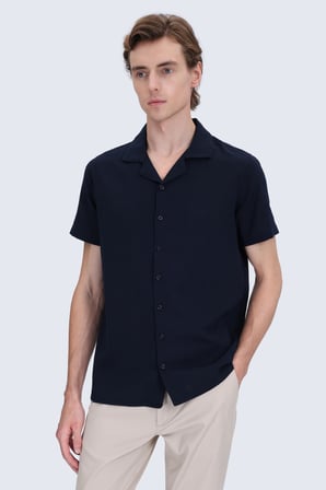 Lacivert Regular Fit Apaş Yaka Keten Gömlek | M
