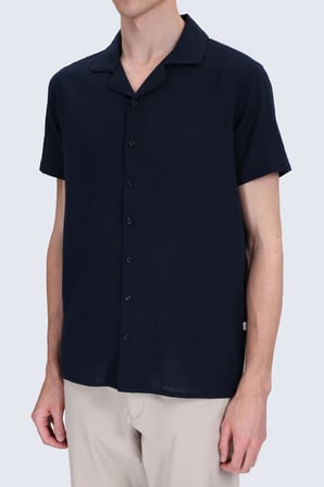 Lacivert Regular Fit Apaş Yaka Keten Gömlek | M