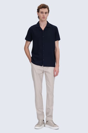 Lacivert Regular Fit Apaş Yaka Keten Gömlek | XXL