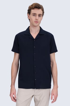 Lacivert Regular Fit Apaş Yaka Keten Gömlek | XXL