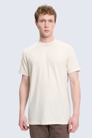 Ekru Regular Fit Bisiklet Yaka Keten Tişört | XXL