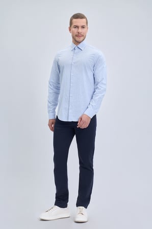 Mavi Comfort Fit Çizgili Düğmeli Yaka Uzun Kollu Pamuklu Gömlek | M