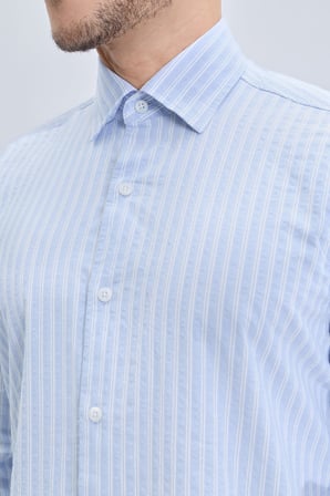 Mavi Comfort Fit Çizgili Düğmeli Yaka Uzun Kollu Pamuklu Gömlek | M