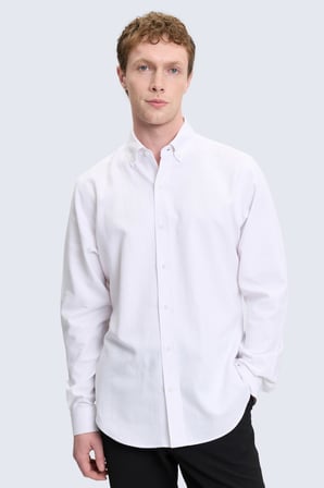 Beyaz Comfort Fit Uzun Kollu Keten Gömlek | L