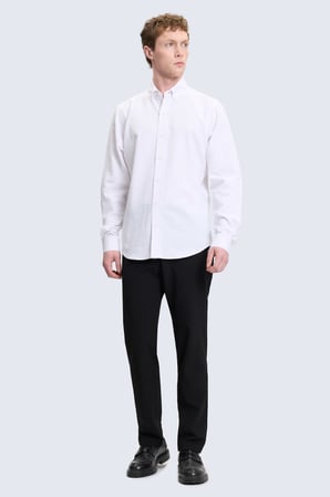 Beyaz Comfort Fit Uzun Kollu Keten Gömlek | L