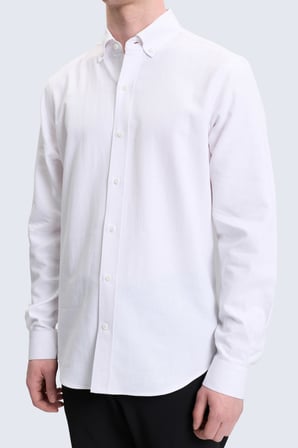 Beyaz Comfort Fit Uzun Kollu Keten Gömlek | L