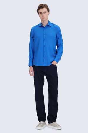 Mavi Comfort Fit Düğmeli Yaka %100 Keten Uzun Kollu Casual Gömlek | L