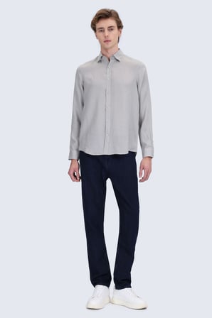 Yeşil Comfort Fit Düğmeli Yaka %100 Keten Uzun Kollu Casual Gömlek | M