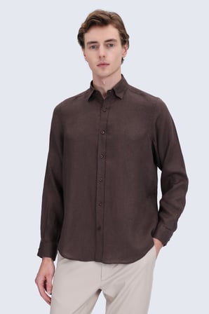 Kahverengi Comfort Fit Düğmeli Yaka %100 Keten Uzun Kollu Casual Gömlek | S