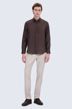 Kahverengi Comfort Fit Düğmeli Yaka %100 Keten Uzun Kollu Casual Gömlek | S