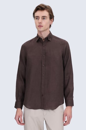 Kahverengi Comfort Fit Düğmeli Yaka %100 Keten Uzun Kollu Casual Gömlek | S