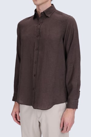 Kahverengi Comfort Fit Düğmeli Yaka %100 Keten Uzun Kollu Casual Gömlek | S