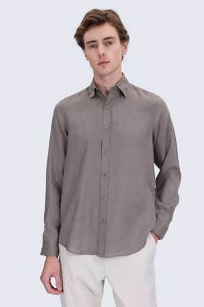Vizon Comfort Fit Düğmeli Yaka %100 Keten Uzun Kollu Casual Gömlek | M