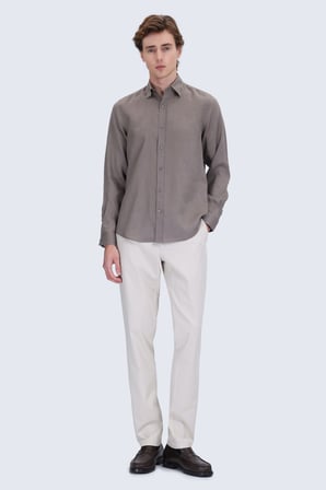 Vizon Comfort Fit Düğmeli Yaka %100 Keten Uzun Kollu Casual Gömlek | M