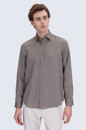 Vizon Comfort Fit Düğmeli Yaka %100 Keten Uzun Kollu Casual Gömlek | M