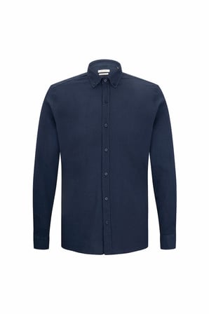 Lacivert Comfort Fit Düğmeli Yaka 100% Pamuk Uzun Kollu Keten Gömlek | L