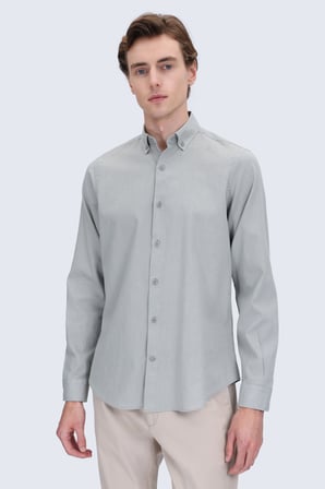 Haki Comfort Fit Düğmeli Yaka 100% Pamuk Uzun Kollu Keten Gömlek | M