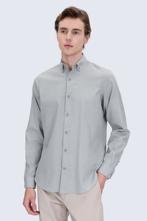Haki Comfort Fit Düğmeli Yaka 100% Pamuk Uzun Kollu Keten Gömlek | M