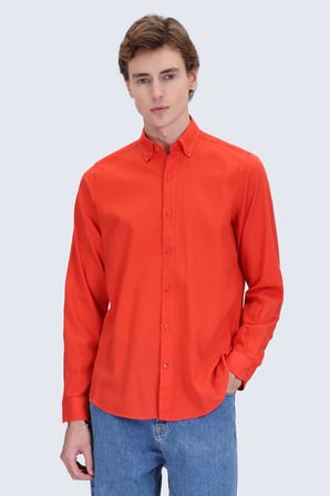 Mercan Comfort Fit Düğmeli Yaka 100% Pamuk Uzun Kollu Keten Gömlek | M