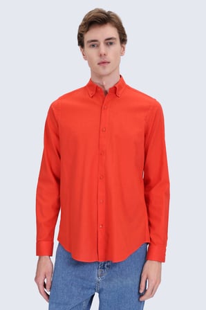 Mercan Comfort Fit Düğmeli Yaka 100% Pamuk Uzun Kollu Keten Gömlek | M