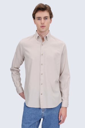 Vizon Comfort Fit Düğmeli Yaka 100% Pamuk Uzun Kollu Keten Gömlek | S