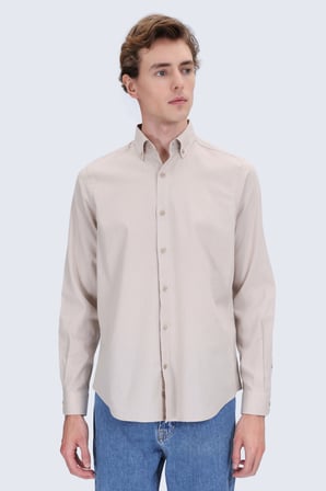 Vizon Comfort Fit Düğmeli Yaka 100% Pamuk Uzun Kollu Keten Gömlek | S